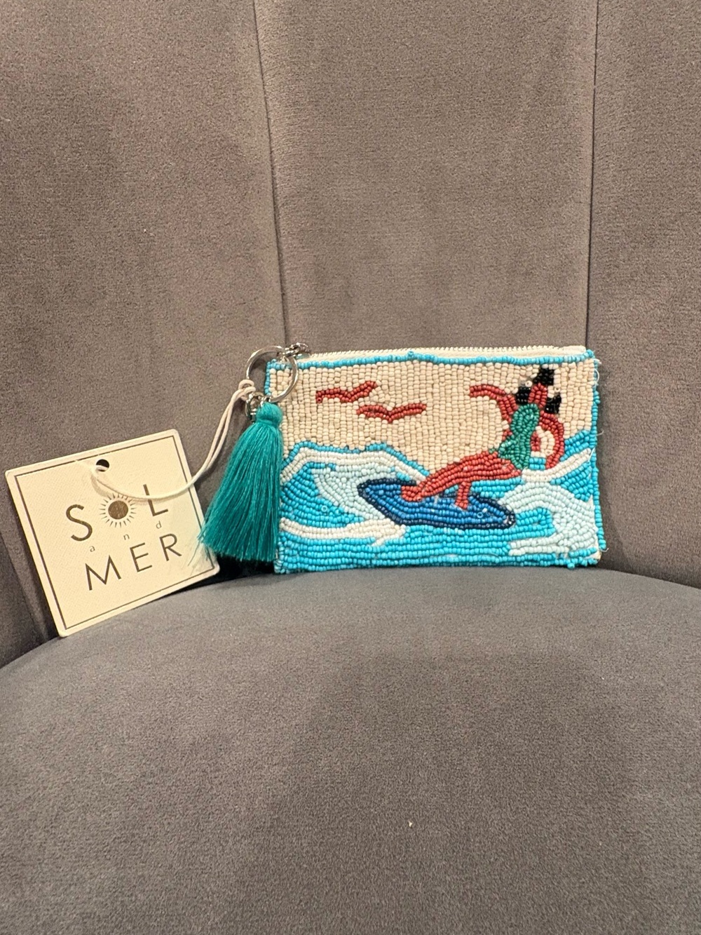 Turquoise Beaded Surf Coin Purse with Tassel and Key Latch